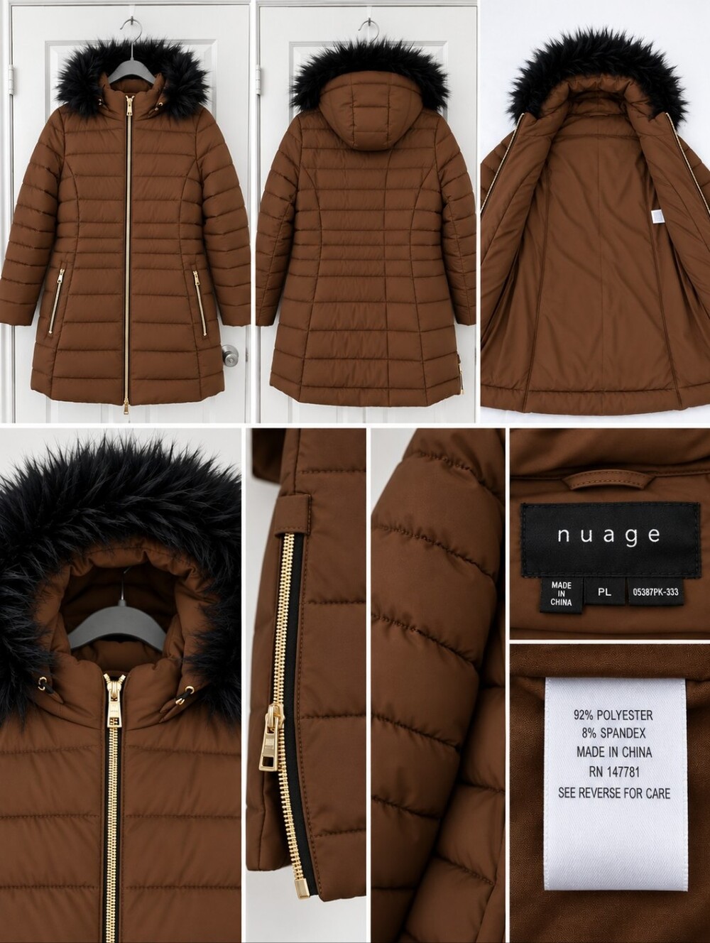 Nuage Stretch Puffer Coat with Removable Faux Fur Trim Hood |Petite Lg |Like New - Picture 3 of 6